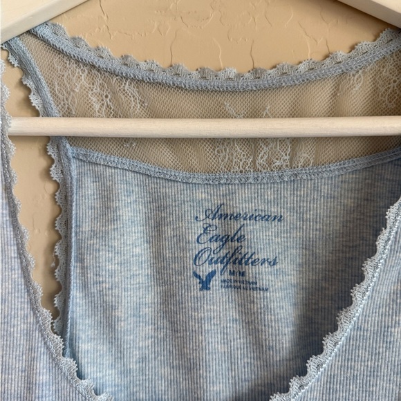 AEO Y2K Lace Trim Ribbed Tank Top Light Powder Blue Women’s Medium Elena Gilbert - Picture 3 of 7